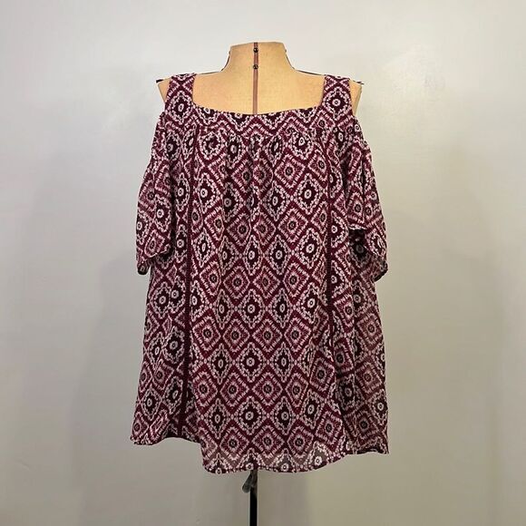 Lane Bryan Geometric Print Wine Cold Shoulder Blouse - Size 18 - Picture 2 of 12